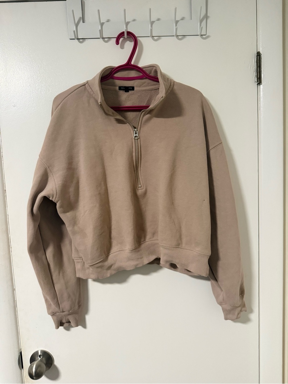 Dynamite Cropped Quarter-Zip Pullover in Taupe Beige